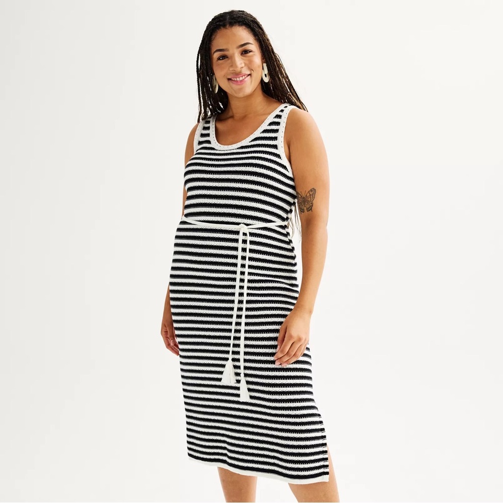 NWT Nine West Crochet Tie Waist Sleeveless Maxi Dress Black & White Plus Size 3X